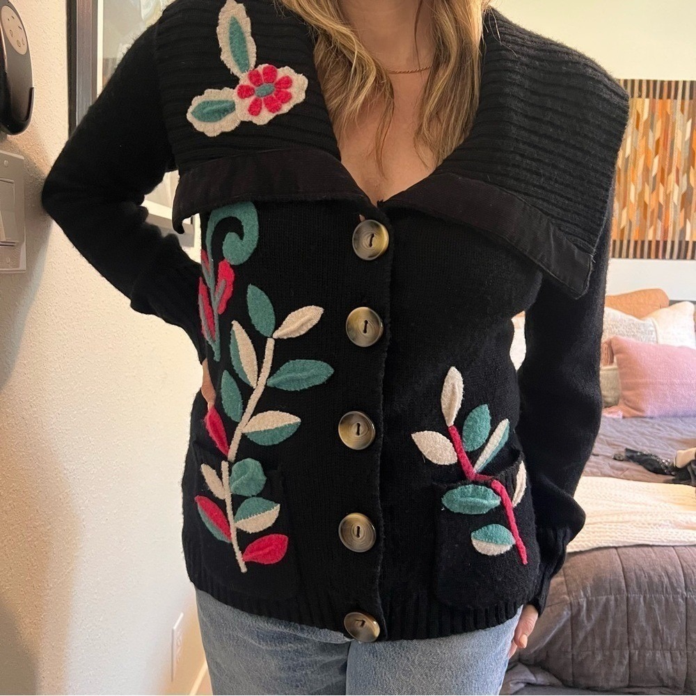 Boho Folk Embroidered Cardigan | Anthropologie Cottagecore Art-to-Wear Knit
